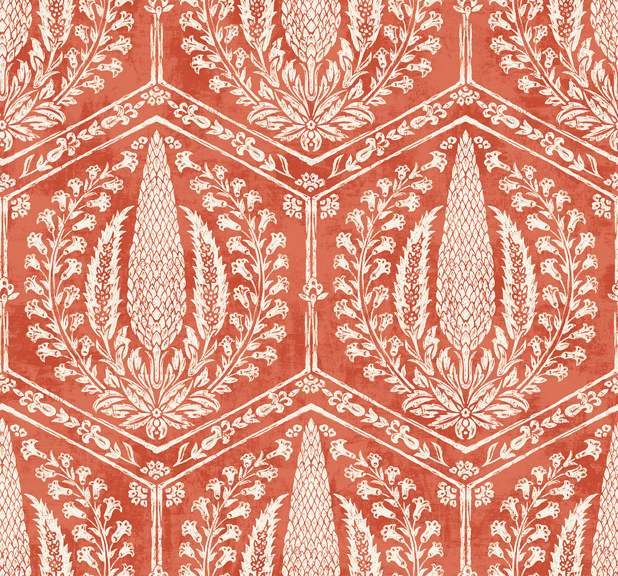 Cyrus Harvest wallpaper in red terracotta with white botanical medallions inside a hexagon trellis pattern