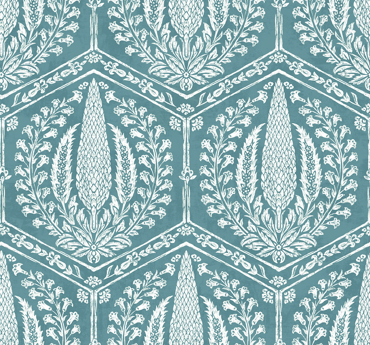 Cyrus Harvest wallpaper in Mediterranean Blue with a white botanical motif inside a hexagon trellis pattern