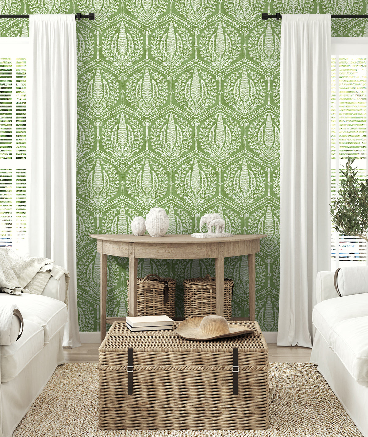Cyrus Harvest Courtyard Green by Summer House Botanical Geometric Wallpaper – Seabrook Designs SC21404