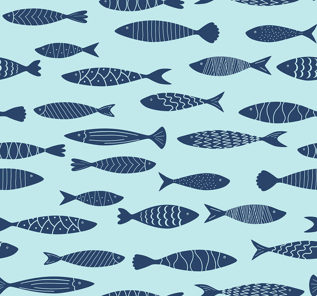 Bay Fish wallpaper in Bahama colorway with navy fish silhouettes on a light aqua background