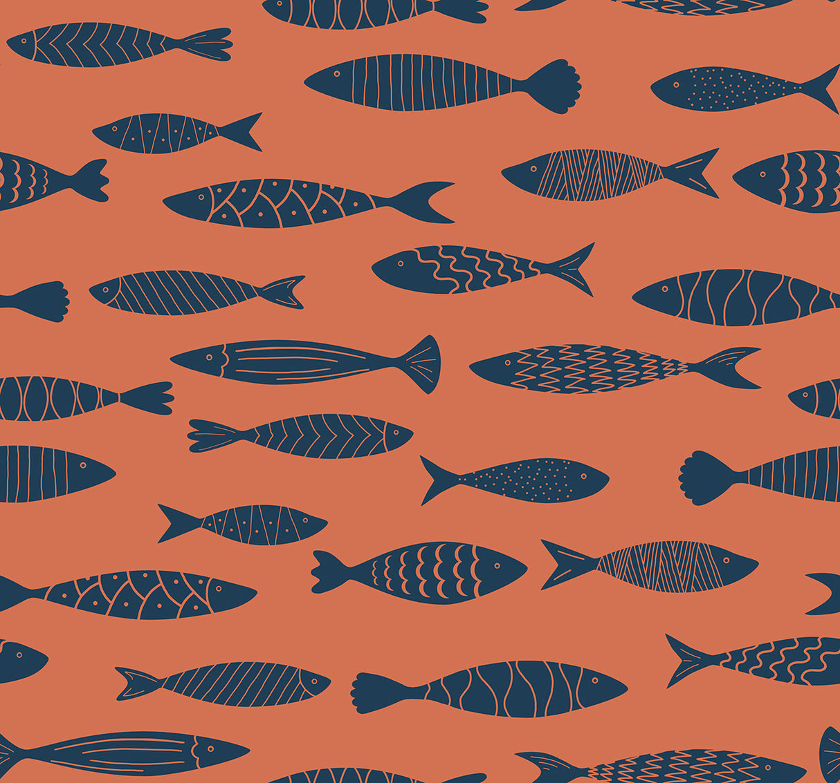Coastal fish pattern wallpaper in coral orange with navy fish silhouettes.