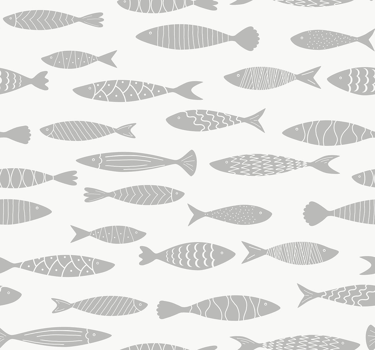 Bay Fish wallpaper pattern with metallic silver fish silhouettes on a white background.