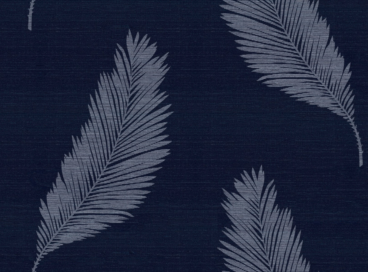 Tossed Palm Sisal Grasscloth wallpaper in Midnight Blue with palm frond motif