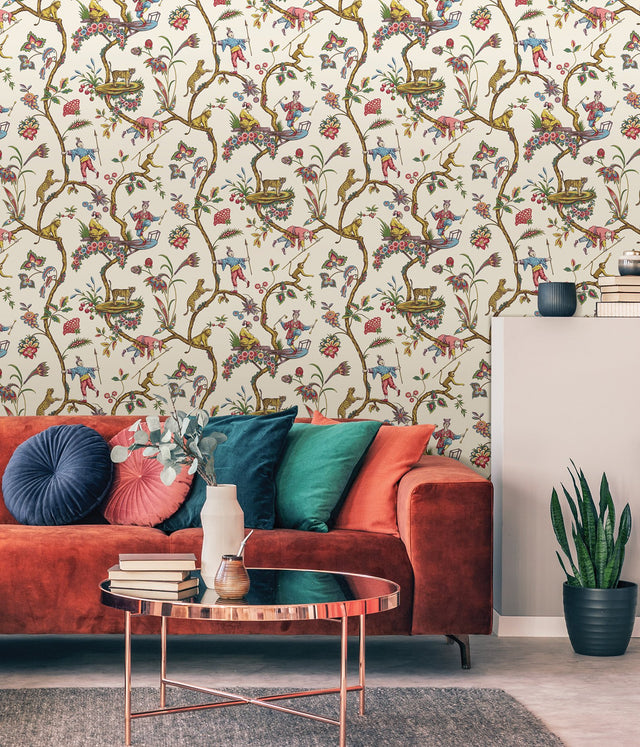 White Chinoise Exotique Scalamandre Self Adhesive Wallpaper with Chinoiserie Botanical Feature Wall Pattern - SCS3843