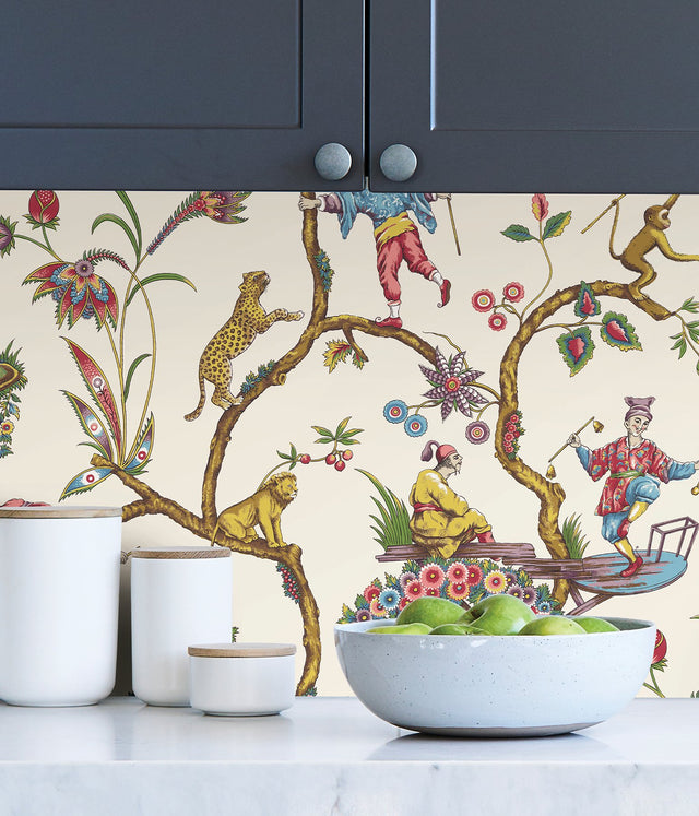 White Chinoise Exotique Scalamandre Self Adhesive Wallpaper with Chinoiserie Botanical Feature Wall Pattern - SCS3843