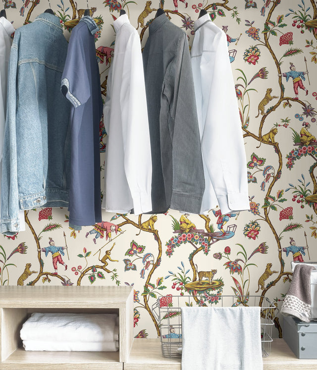 White Chinoise Exotique Scalamandre Self Adhesive Wallpaper with Chinoiserie Botanical Feature Wall Pattern - SCS3843