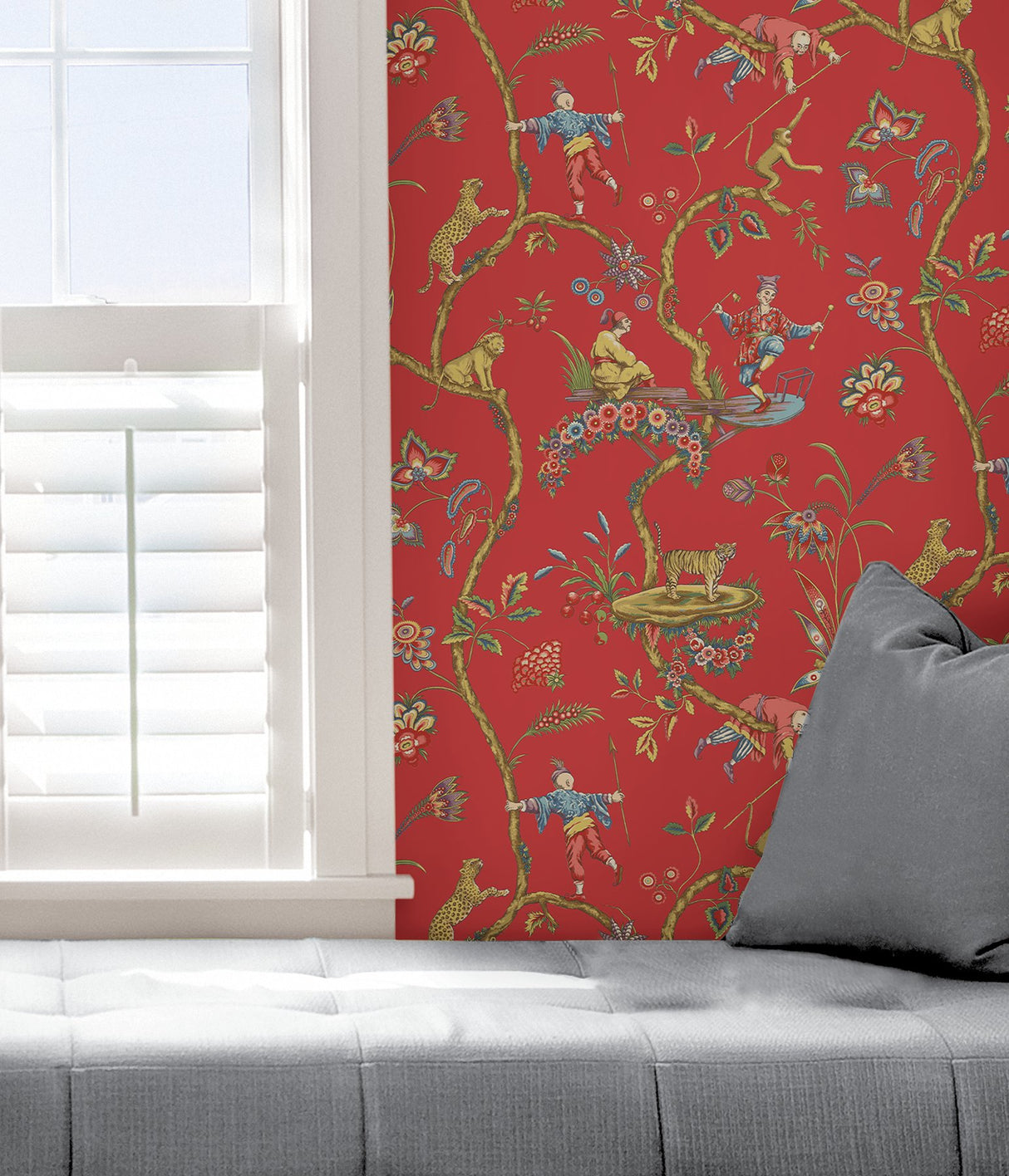 Tomato Chinoise Exotique Multicolor Peel & Stick Wallpaper with Chinoiserie Hunting Scene - SCS3844