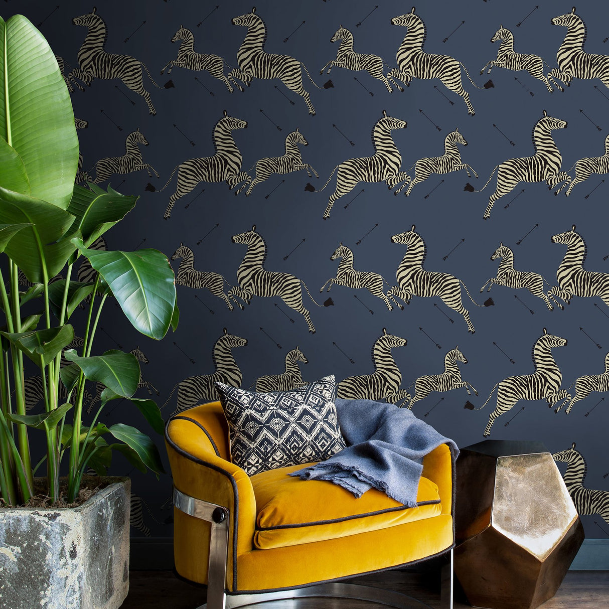 Zebra Safari Denim Peel & Stick Wallpaper with Leaping Zebras Pattern - Scalamandre SCS3870