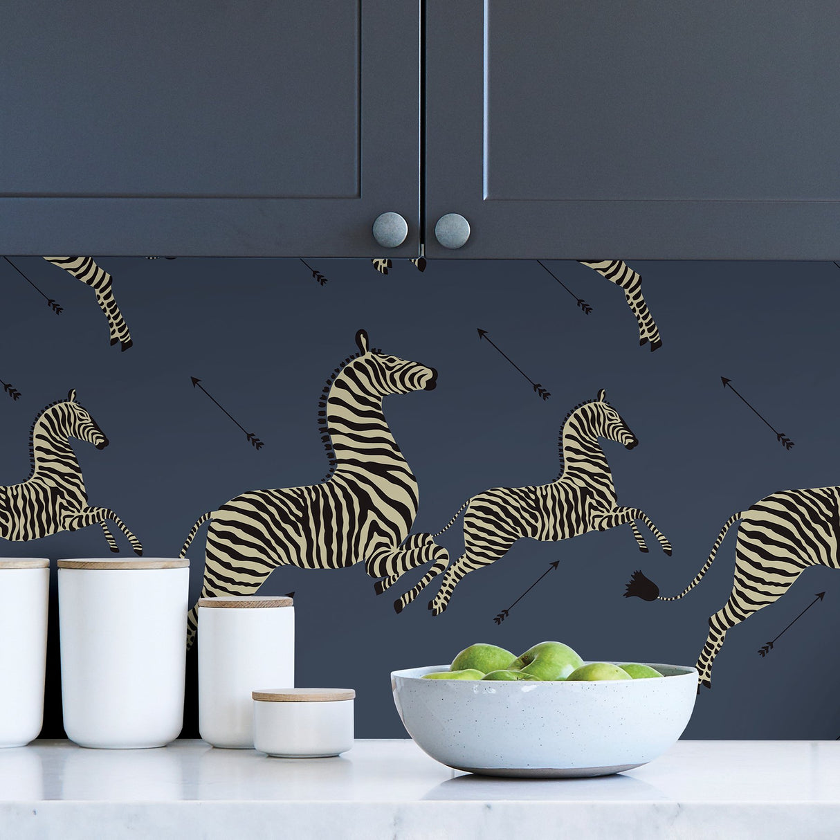 Zebra Safari Denim Peel & Stick Wallpaper with Leaping Zebras Pattern - Scalamandre SCS3870