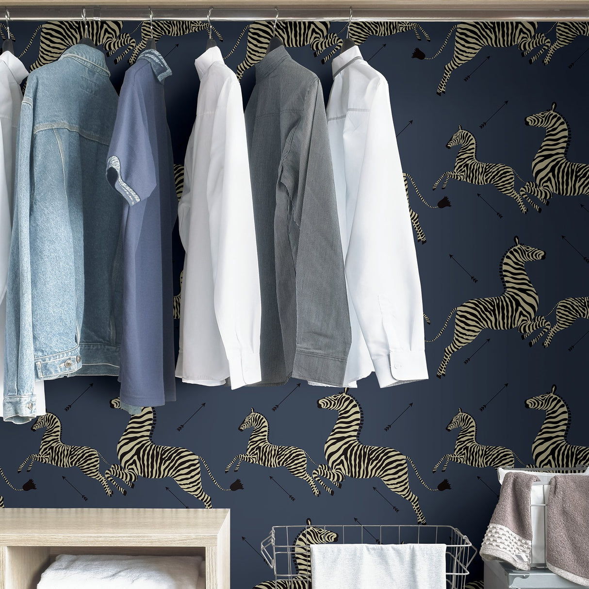 Zebra Safari Denim Peel & Stick Wallpaper with Leaping Zebras Pattern - Scalamandre SCS3870