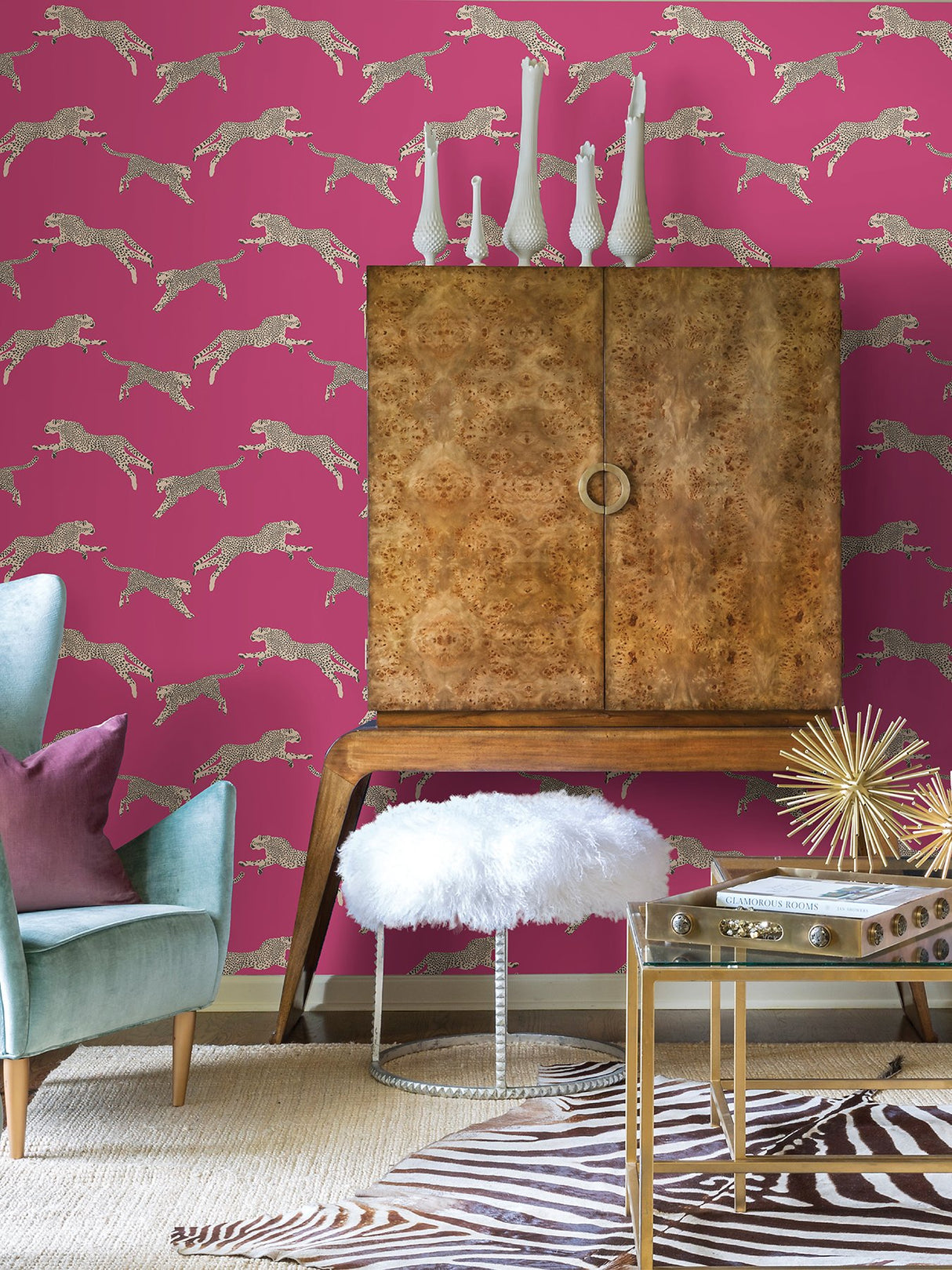 Leaping Cheetah Bubblegum Peel & Stick Wallpaper with Novelty Animal Pattern, Feature Wall Style - SCS4276