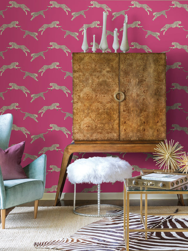 Leaping Cheetah Bubblegum Peel & Stick Wallpaper with Novelty Animal Pattern, Feature Wall Style - SCS4276