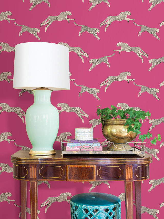 Leaping Cheetah Bubblegum Peel & Stick Wallpaper with Novelty Animal Pattern, Feature Wall Style - SCS4276