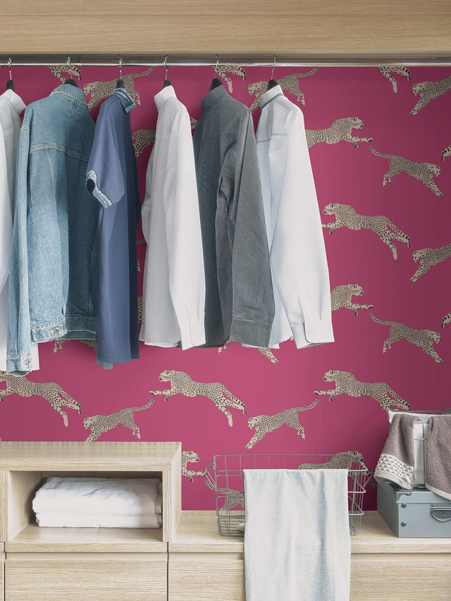 Leaping Cheetah Bubblegum Peel & Stick Wallpaper with Novelty Animal Pattern, Feature Wall Style - SCS4276