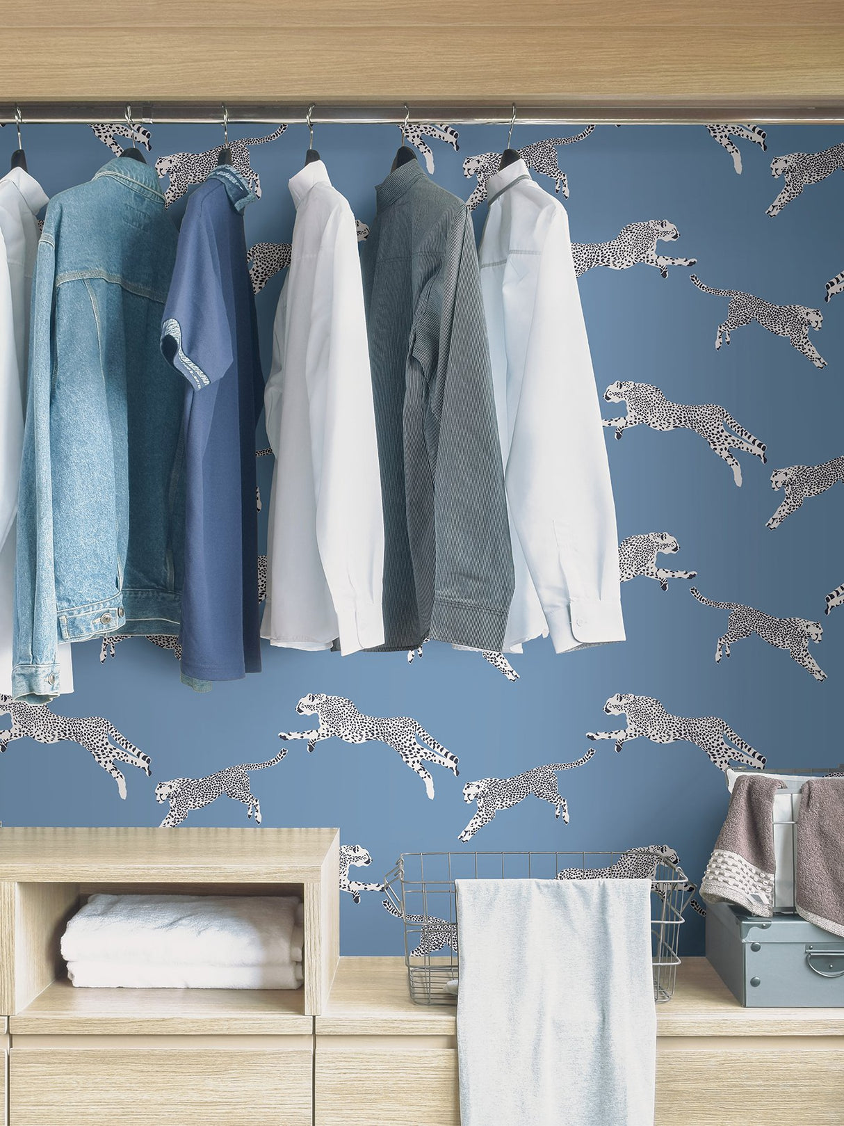 Leaping Cheetah Cloud Nine Blue Peel & Stick Wallpaper with Novelty Feature Wall Style - NuWallpaper SCS4277