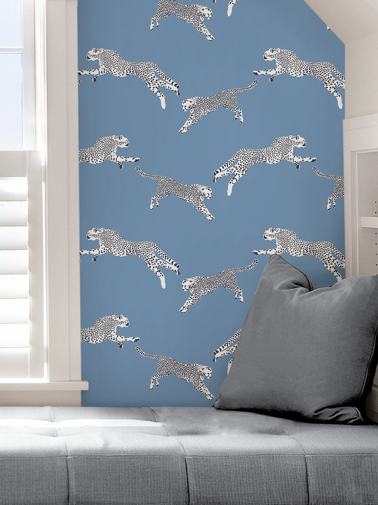 Leaping Cheetah Cloud Nine Blue Peel & Stick Wallpaper with Novelty Feature Wall Style - NuWallpaper SCS4277