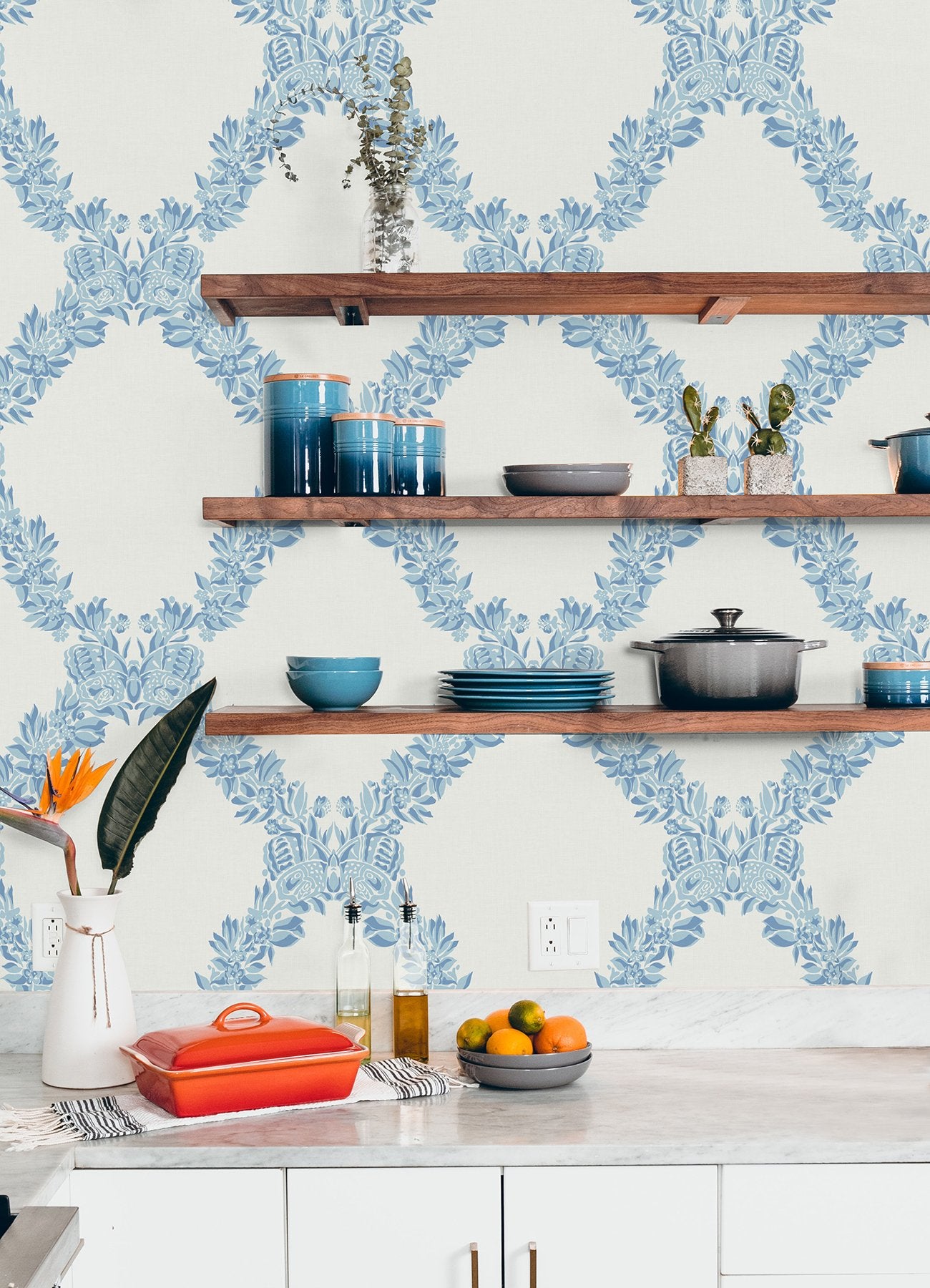 Wreath Sky Blue Peel & Stick Wallpaper with Butterfly Trellis - NuWallpaper SCS6049