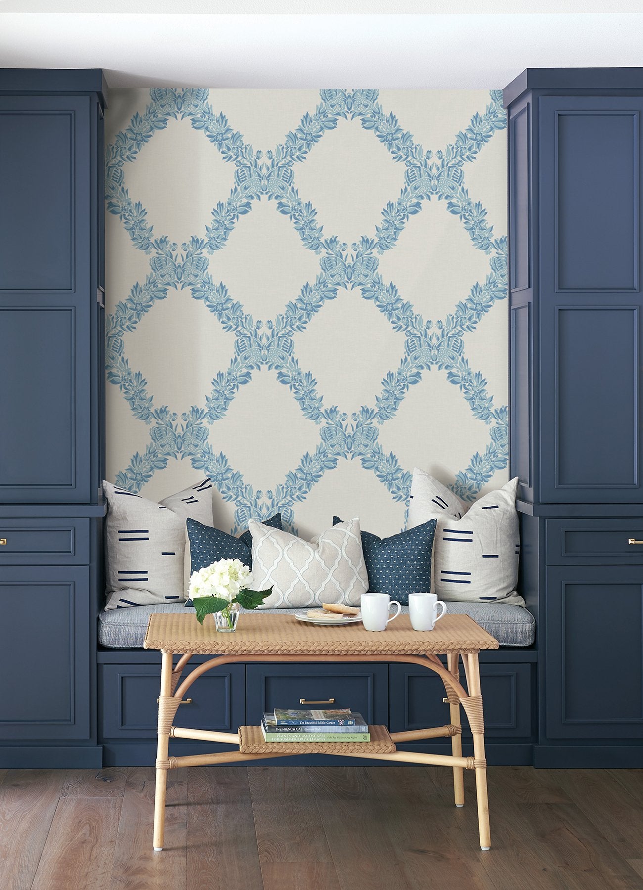 Wreath Sky Blue Peel & Stick Wallpaper with Butterfly Trellis - NuWallpaper SCS6049