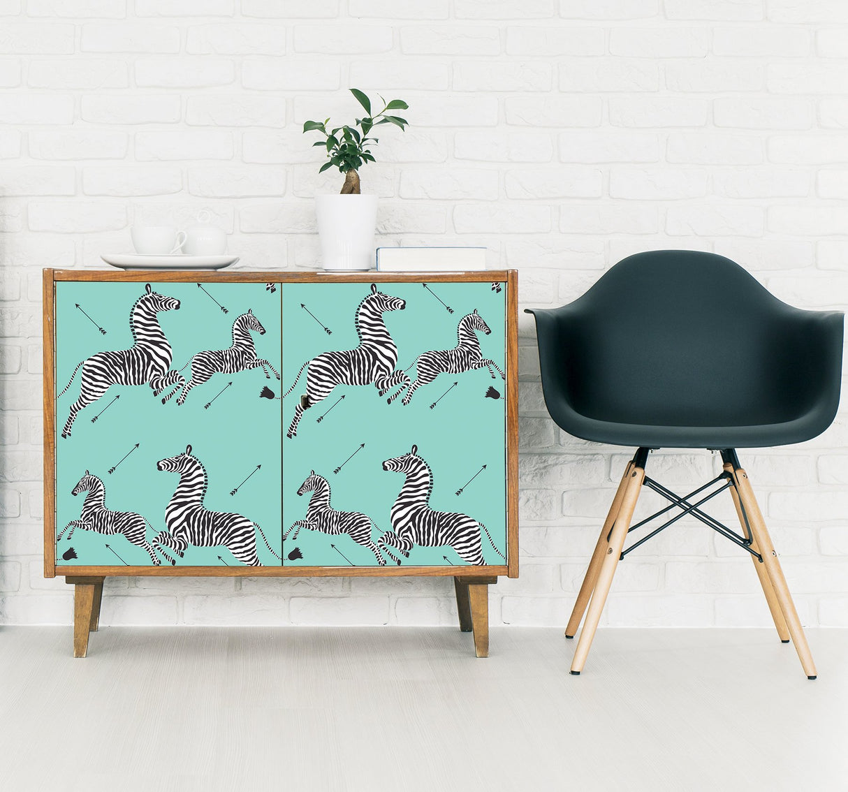 Zebra Safari Aqua Peel & Stick Wallpaper with Zebra Print Motif, Transitional Style - NuWallpaper SCS6055