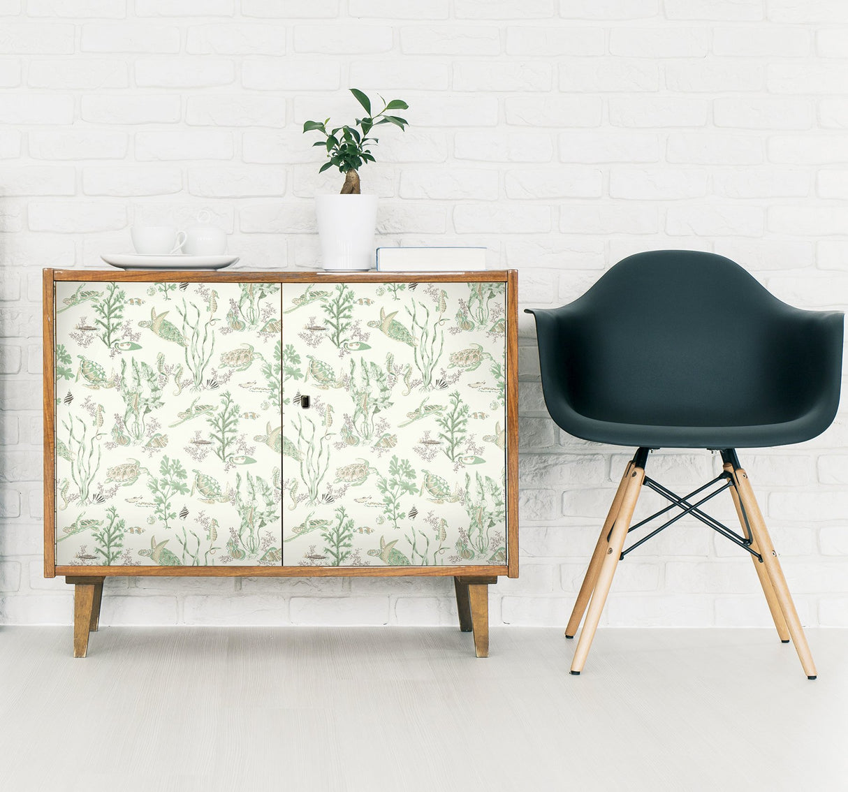 Garparilla Jade & Sandstone Peel & Stick Wallpaper with Coastal Sea Turtle Toile - Brewster SCS6056