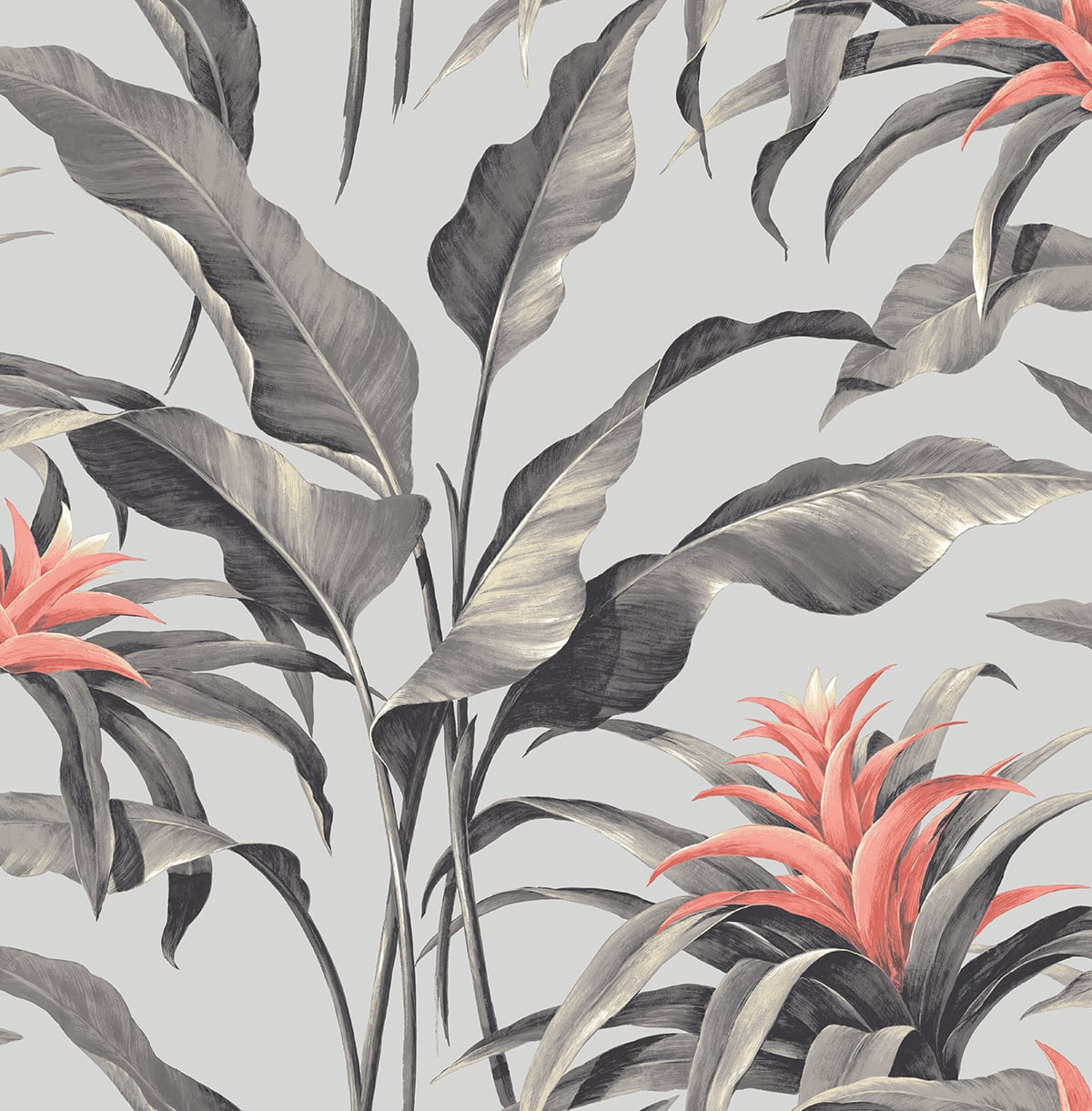 Tropical botanical peel and stick wallpaper with metallic silver leaves and coral flowers on a light background (Palma, SG10301).