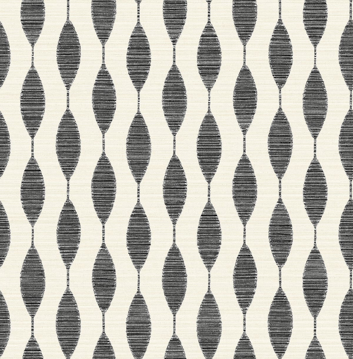 Ditto peel and stick geometric wallpaper in Eclipse & Linen with black elongated oval motif on a linen off-white ground.