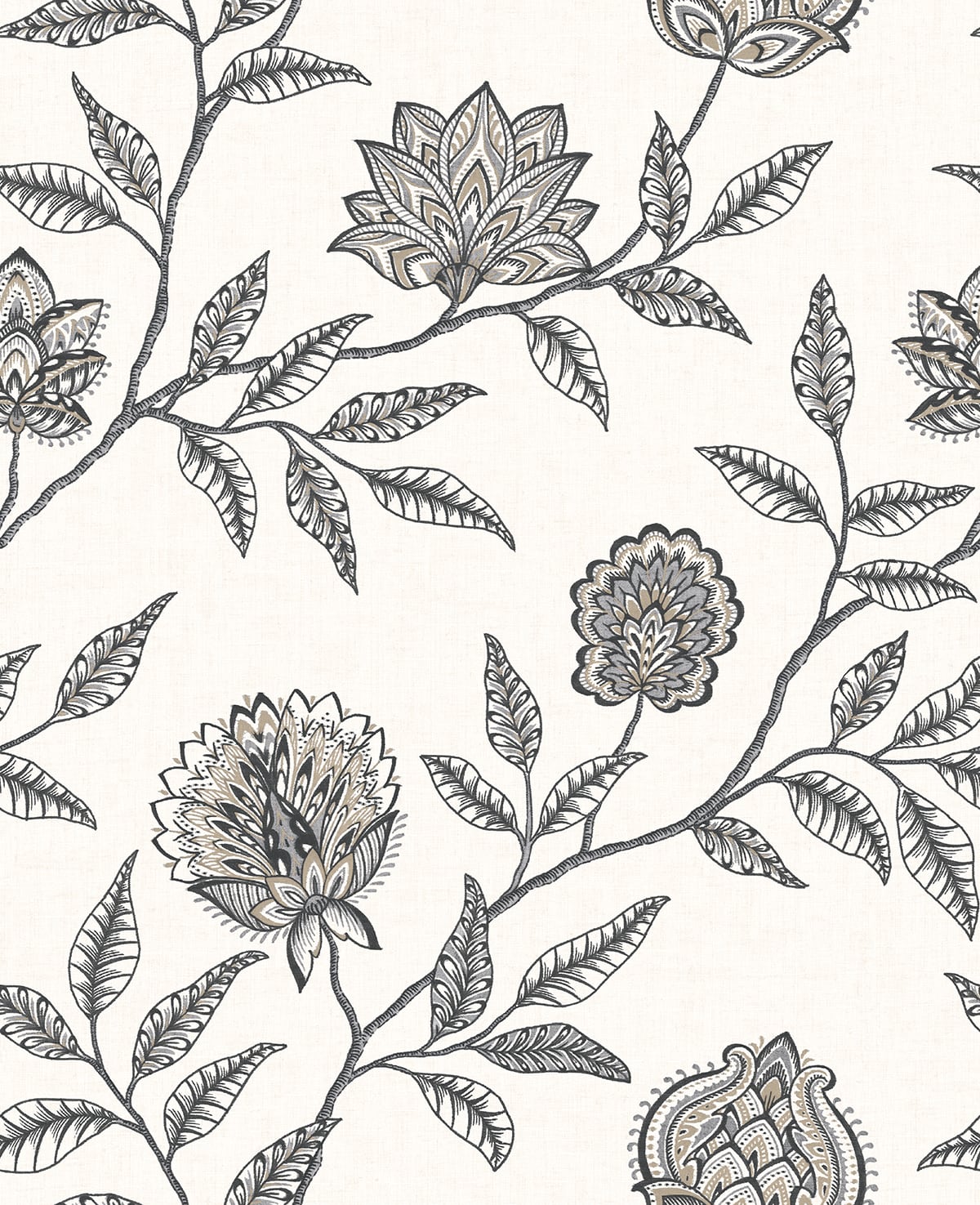 Jaclyn floral peel and stick wallpaper in charcoal and sandstone on an off-white ground