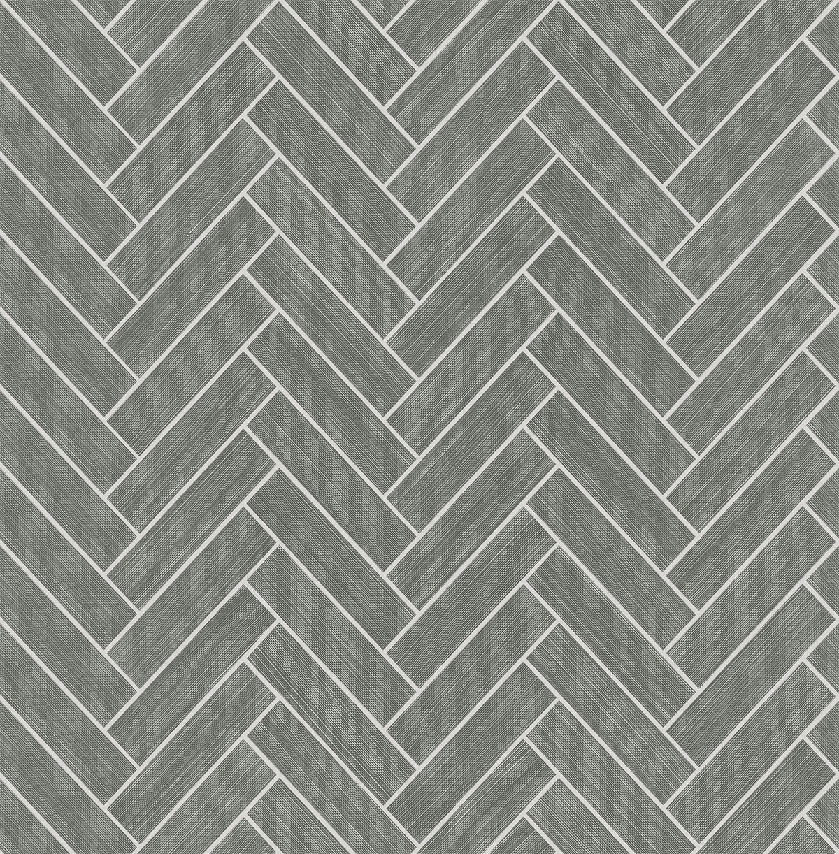 Graphite and metallic silver herringbone tile peel and stick wallpaper pattern