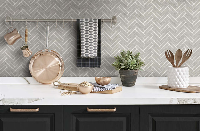 Herringbone Inlay Warm Stone & Metallic Pearl by Stacy Garcia Peel and Stick Peel & Stick Herringbone Tile Wallpaper – Stacy Garcia Home SG11308