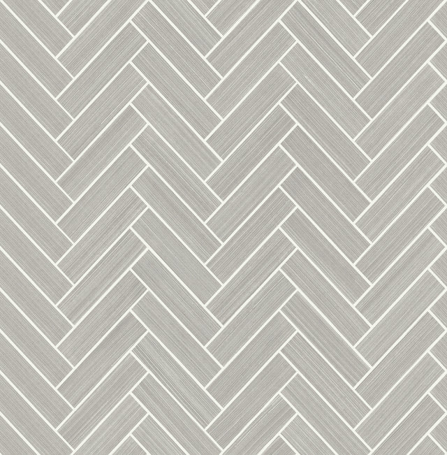 Herringbone Inlay Warm Stone and Metallic Pearl peel and stick wallpaper with a metallic herringbone tile pattern.