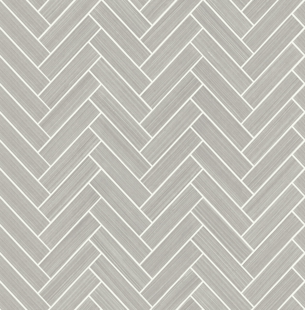 Herringbone Inlay Warm Stone and Metallic Pearl peel and stick wallpaper with a metallic herringbone tile pattern.