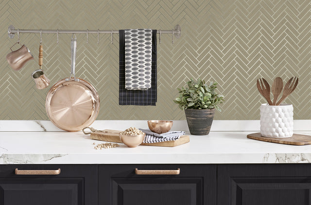 Herringbone Inlay Khaki & Metallic Silver by Stacy Garcia Peel and Stick Peel & Stick Wallpaper – Stacy Garcia Home SG11313