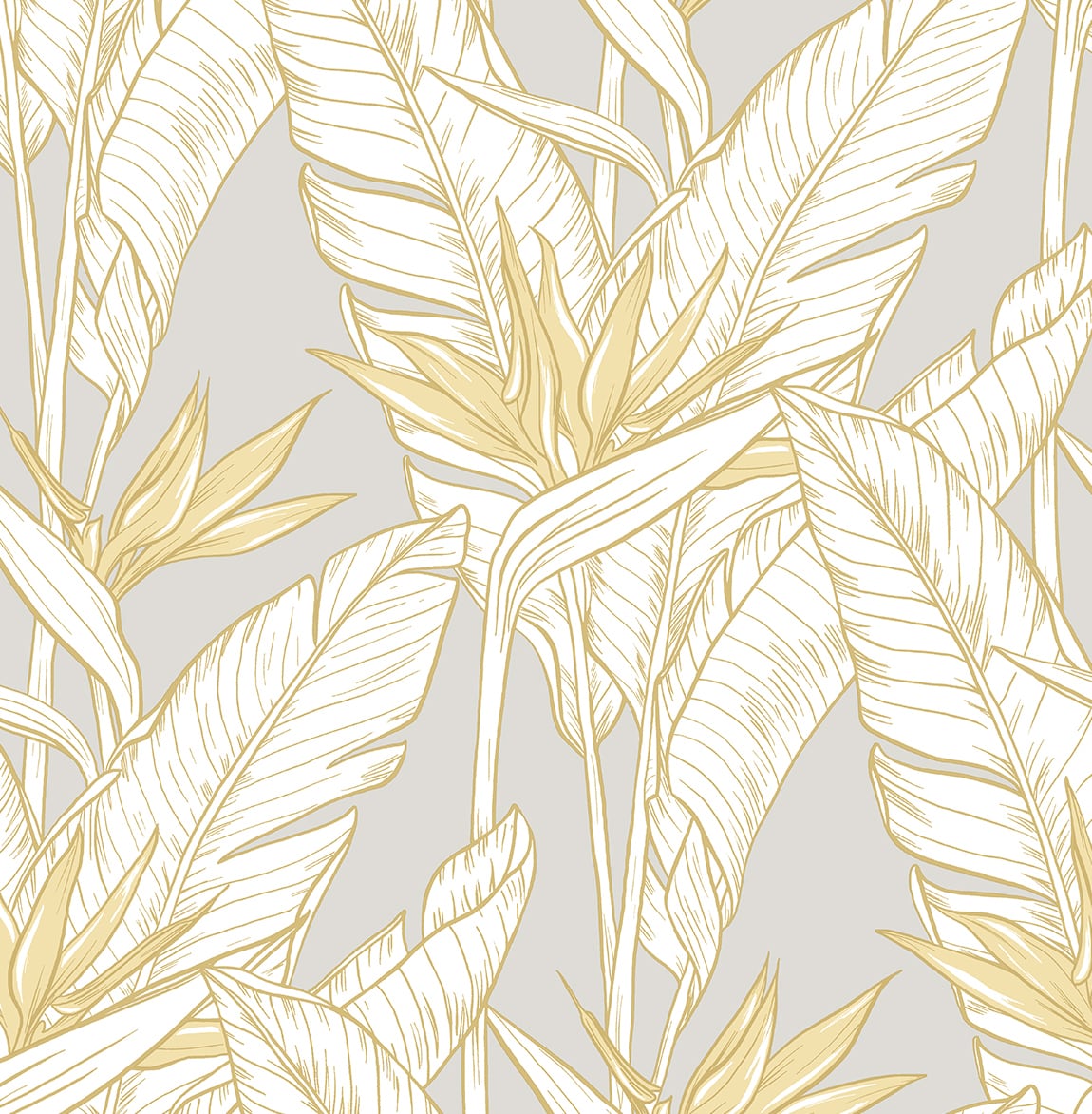 Birds of Paradise grey peel and stick wallpaper with metallic gold tropical floral outline.