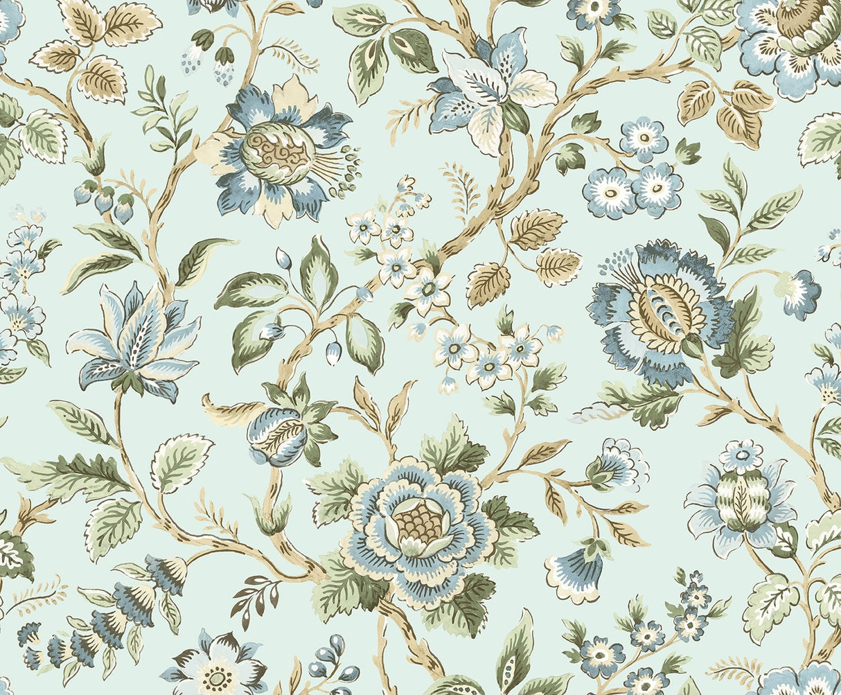 Jacobean Floral Trail peel and stick wallpaper in Sea Mist with vintage blue floral vines and leaves.
