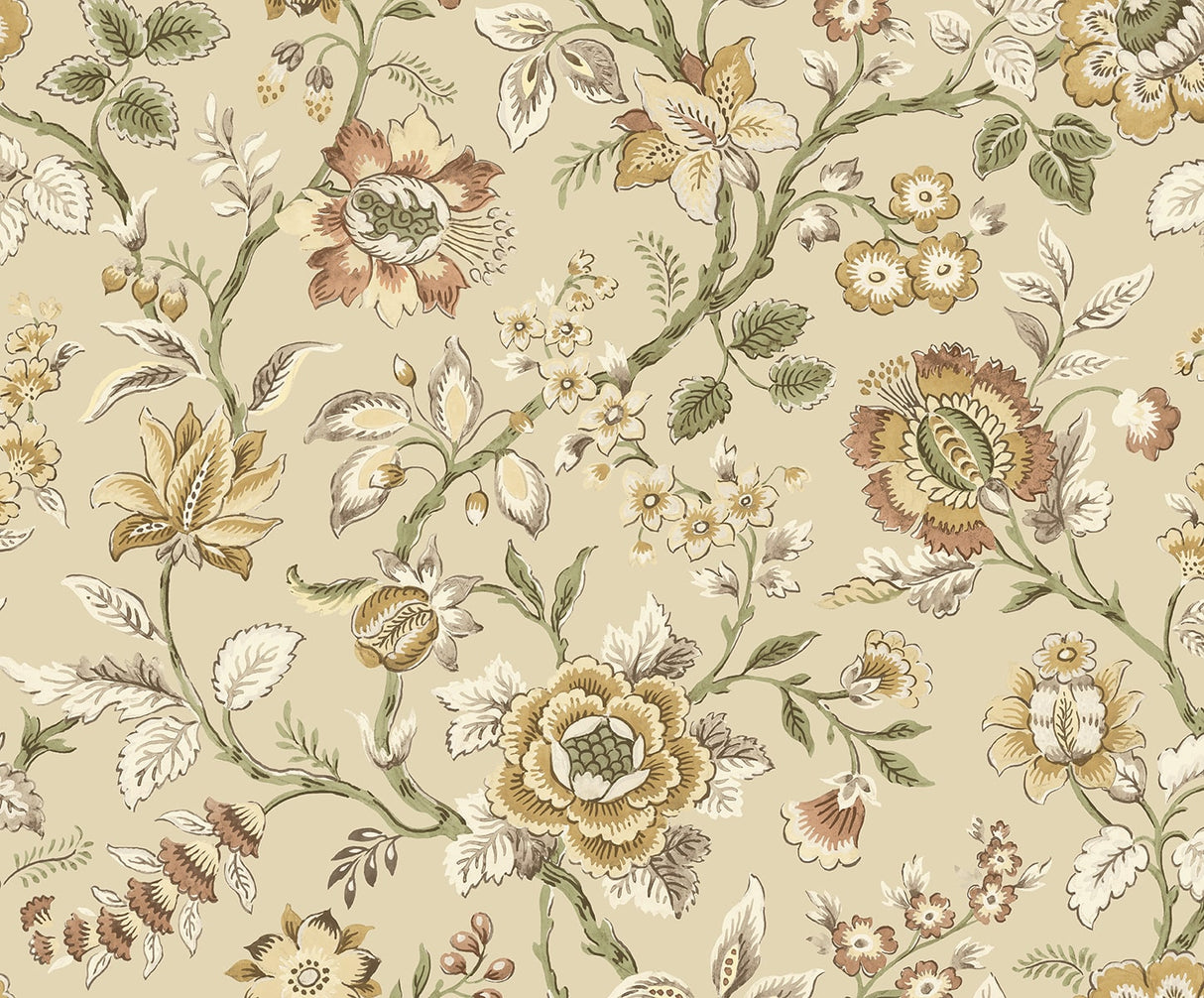 Jacobean Floral Trail peel and stick wallpaper in Latte colorway with vintage floral trail design
