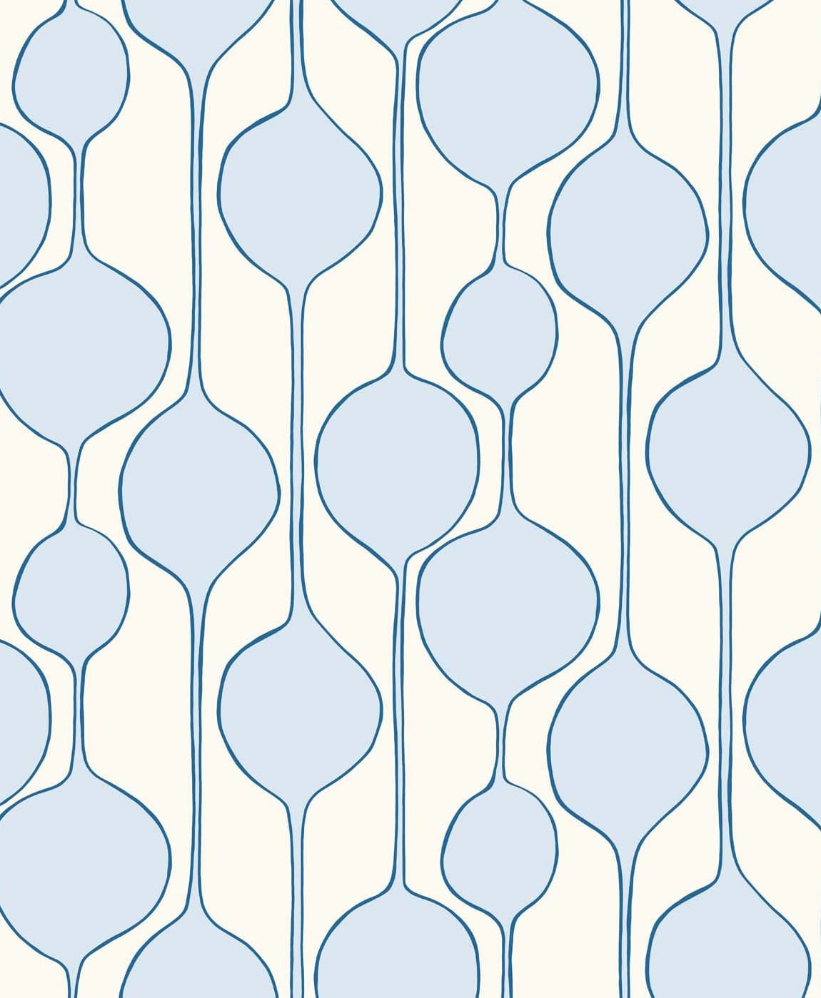 Baby blue geometric sidewall wallpaper with rounded orb motif and thin navy outlines on an off-white background.