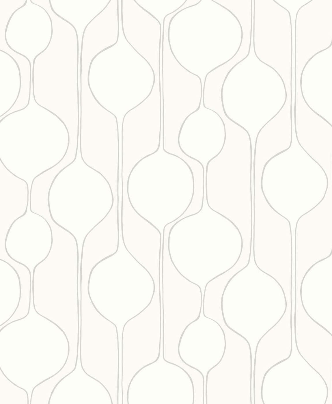 Minimalist geometric wallpaper in Egyptian Cotton off-white with thin gray interconnected vertical shapes, matte finish.
