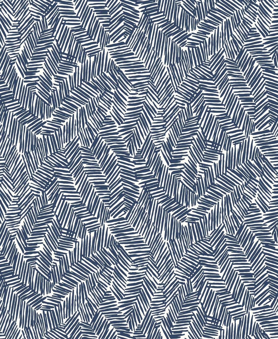 Lush wallpaper in navy blue with an abstract, hand-drawn geometric herringbone pattern on a light ground.