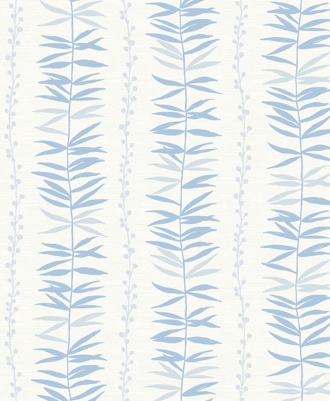 Summer Garland wallpaper in sky blue with vertical leafy garland vines on an off-white ground.