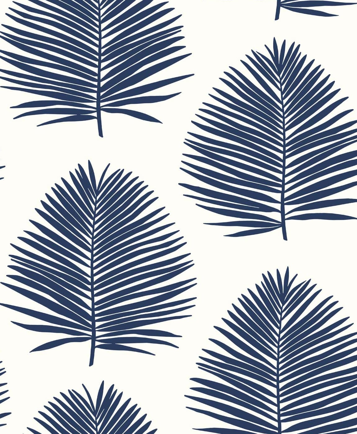 Navy blue palm leaf motif wallpaper pattern on an off-white ground