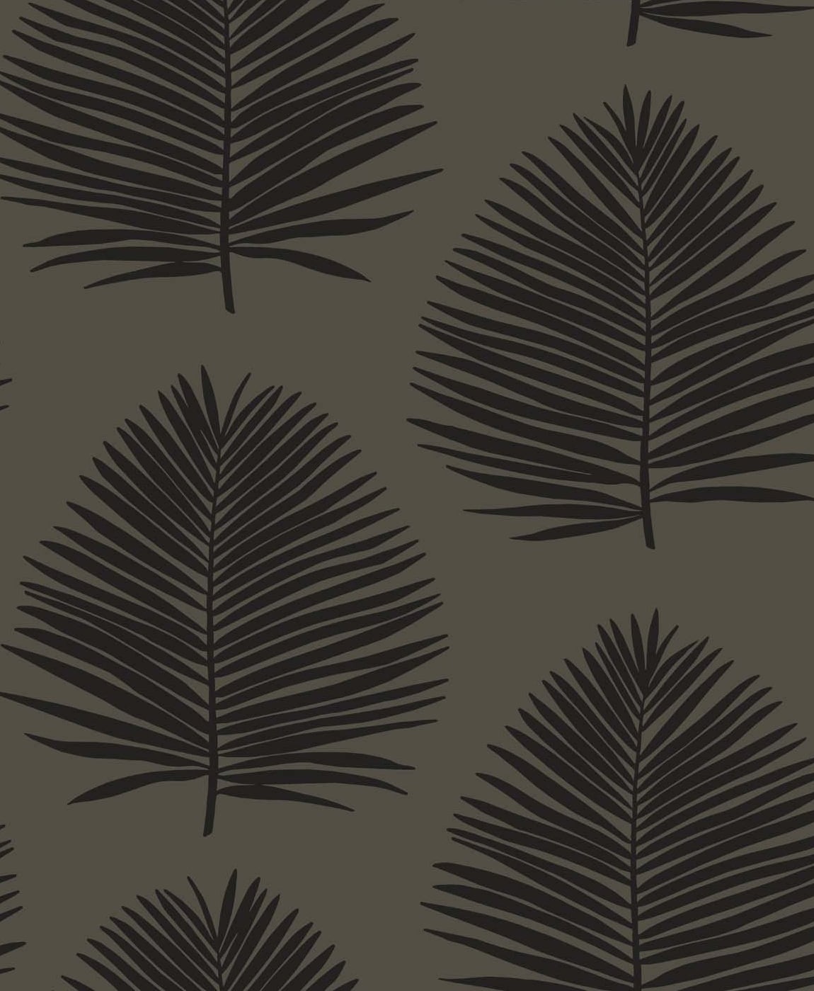 Island Palm wallpaper in Lava Rock colorway featuring large palm fronds in black on a deep charcoal ground.