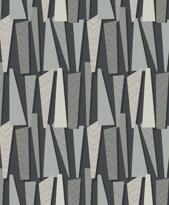 Geometric Shadows wallpaper in Onyx with layered matte grey and charcoal geometric shapes.