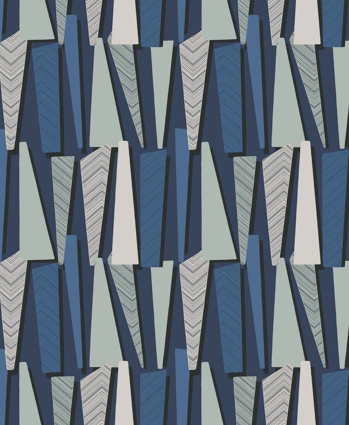 Geometric Shadows wallpaper in denim blue with abstract geometric shapes and shadowed blocks