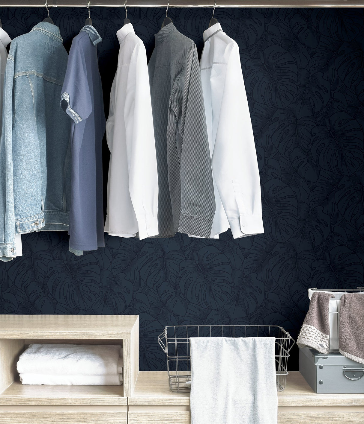 Borneo Indigo Peel & Stick Wallpaper with Modern Botanical Leaf Motif - NuWallpaper SLS3978