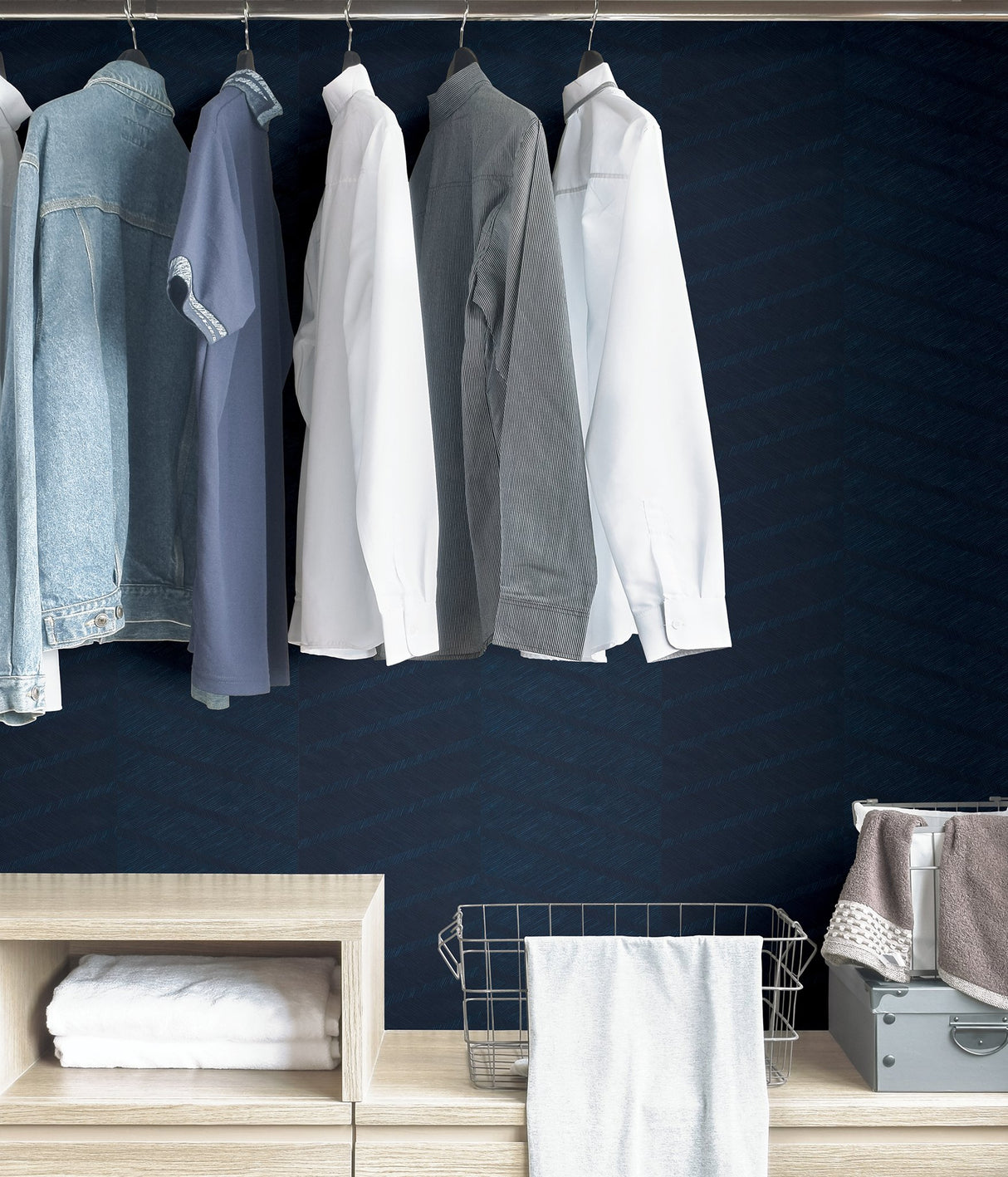 Wayward Indigo Peel & Stick Wallpaper with Modern Chevron Pattern and Raised Ink Texture - Scott Living SLS3979