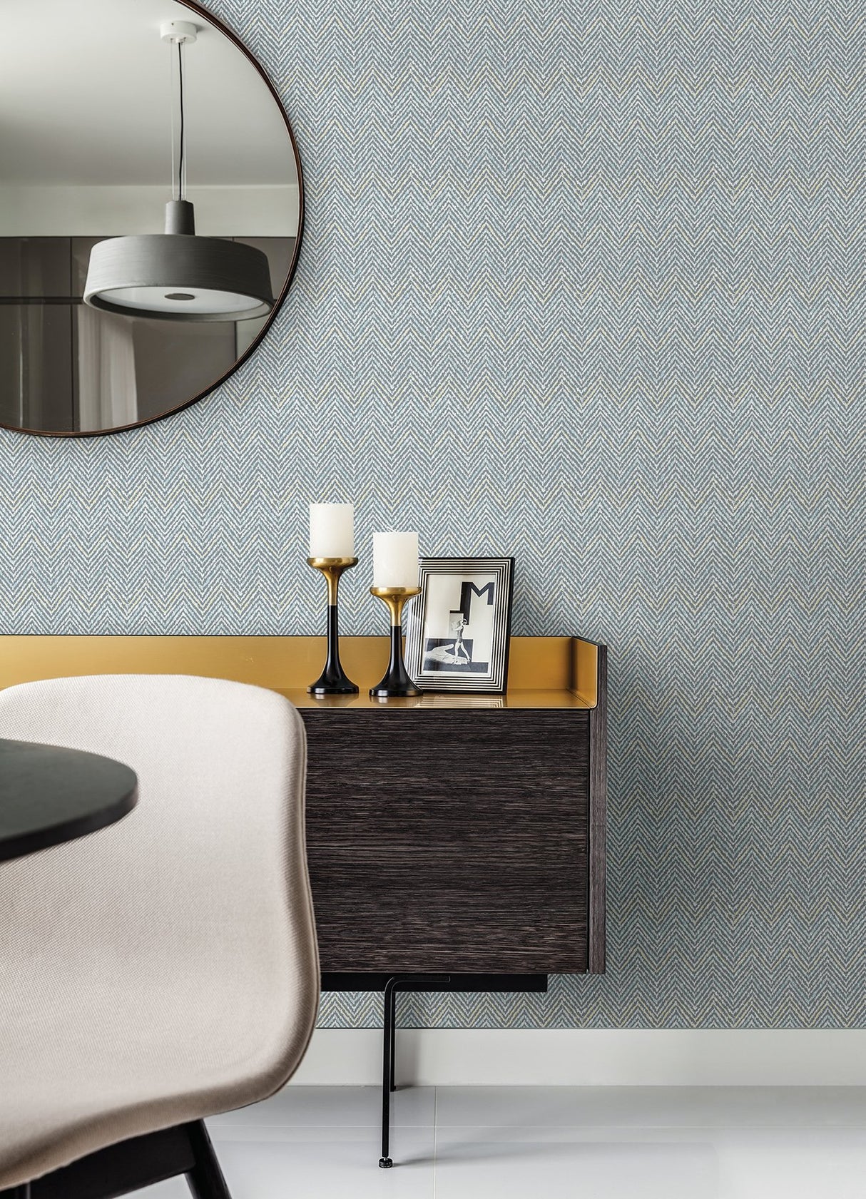 Alden Grey Blue Tweed Chevron Peel & Stick Wallpaper - Scott Living x NuWallpaper SLS4295