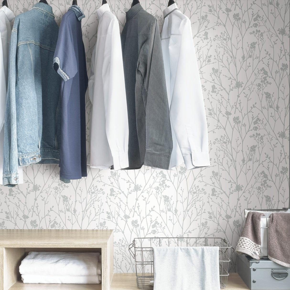 Whistler Grey and White Delicate Botanical Branches Peel and Stick Self Adhesive Removable Wallpaper by NuWallpaper - SLW3416