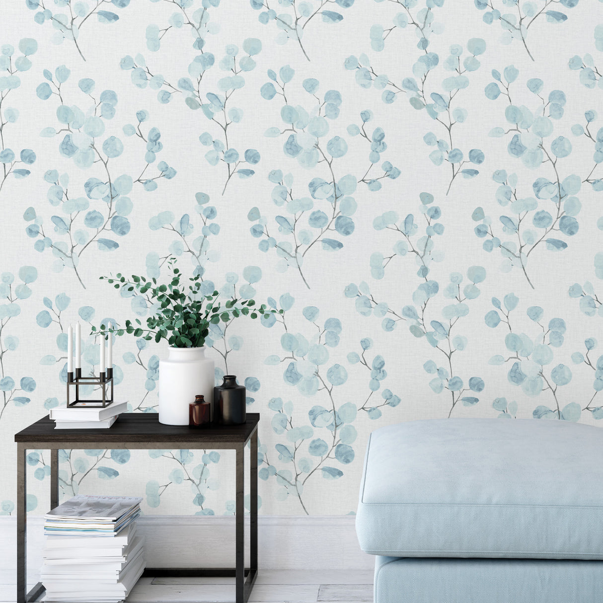 Bliss Blue Watercolor Eucalyptus Botanical Peel and Stick Self Adhesive Fully Removable Wallpaper by NuWallpaper - SLW3419