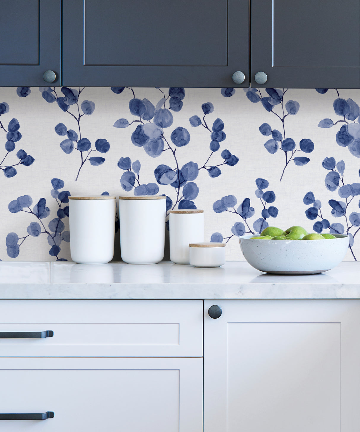 Bliss Indigo Self Adhesive Peel and Stick Wallpaper by NuWallpaper Delicate Watercolor Eucalyptus Botanical Branch Design WallPops SLW3705