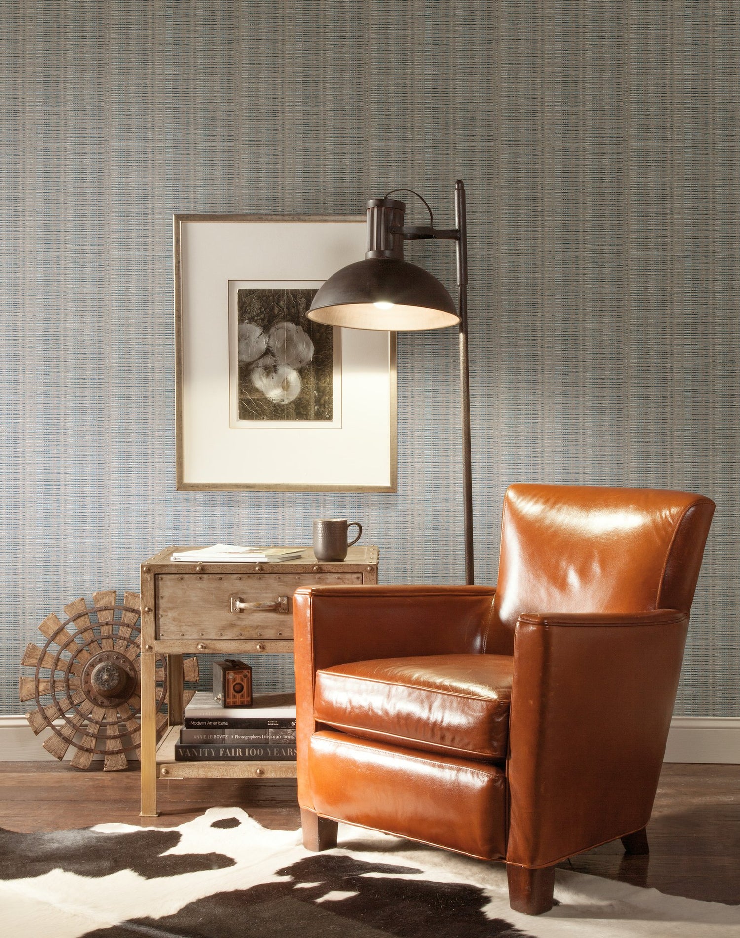 Broken Boucle Stripe Putty & Blue Wallpaper with Bohemian Striped Motif - York SR1517